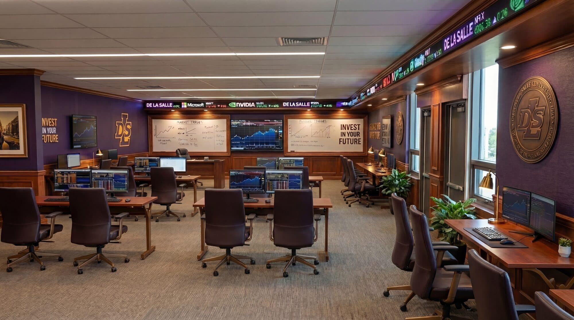 DeLaSalle Collegiate Bloomberg-powered finance lab in Detroit Michigan with trading floor workstations