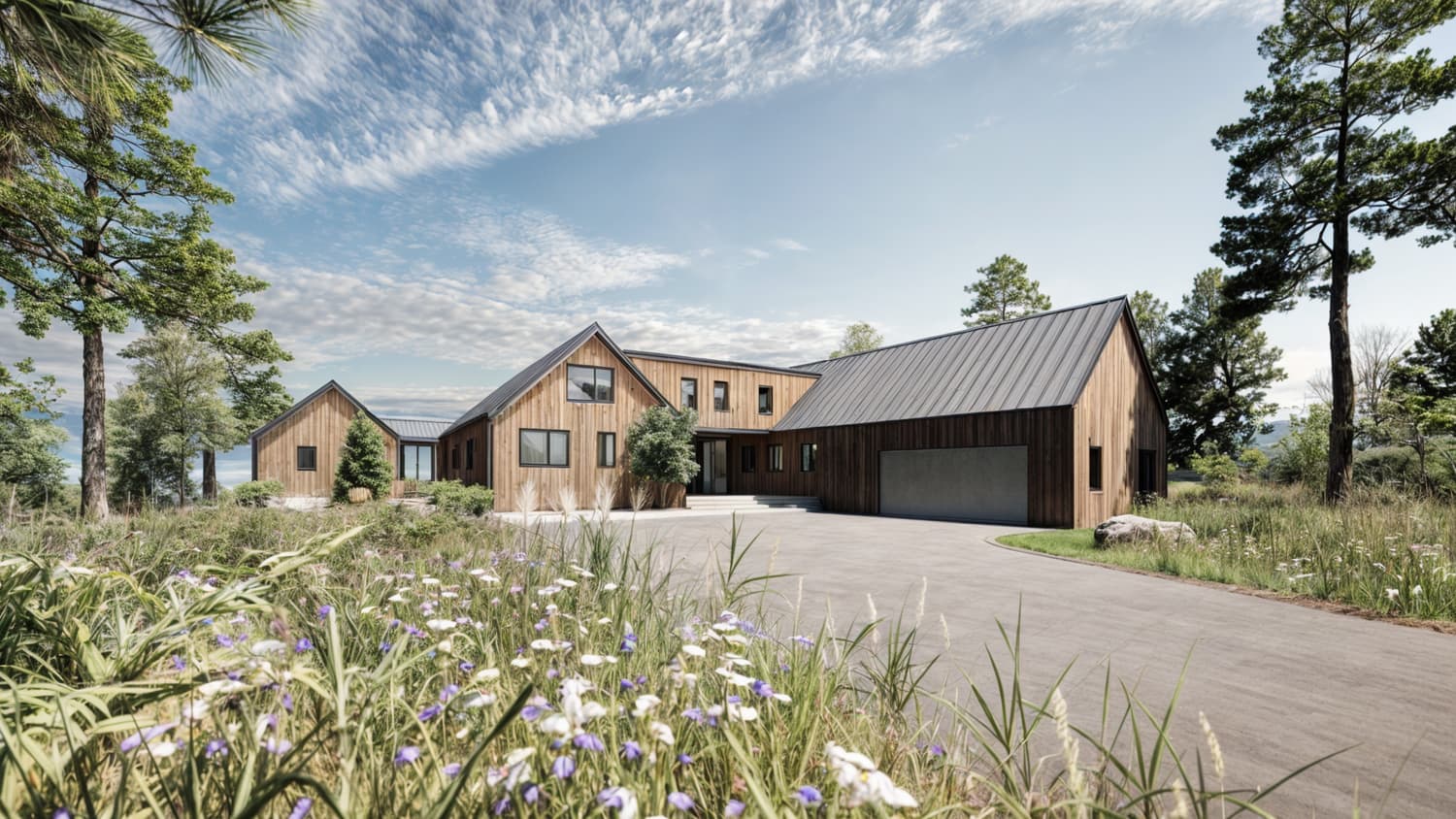 Interior rendering of Oakland Township Estate with open floor plan and natural materials