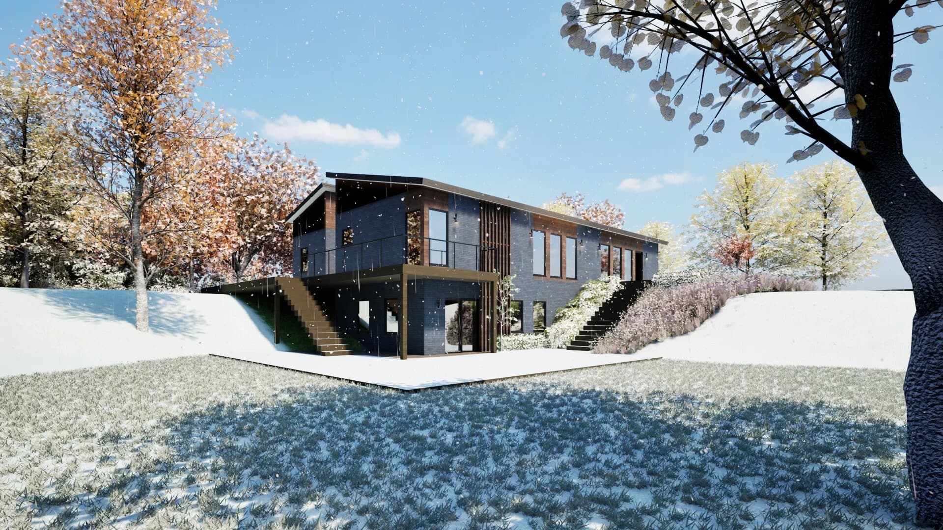 Orion Township lakefront residence on Lake Orion Michigan with architecture stepping down to the shoreline