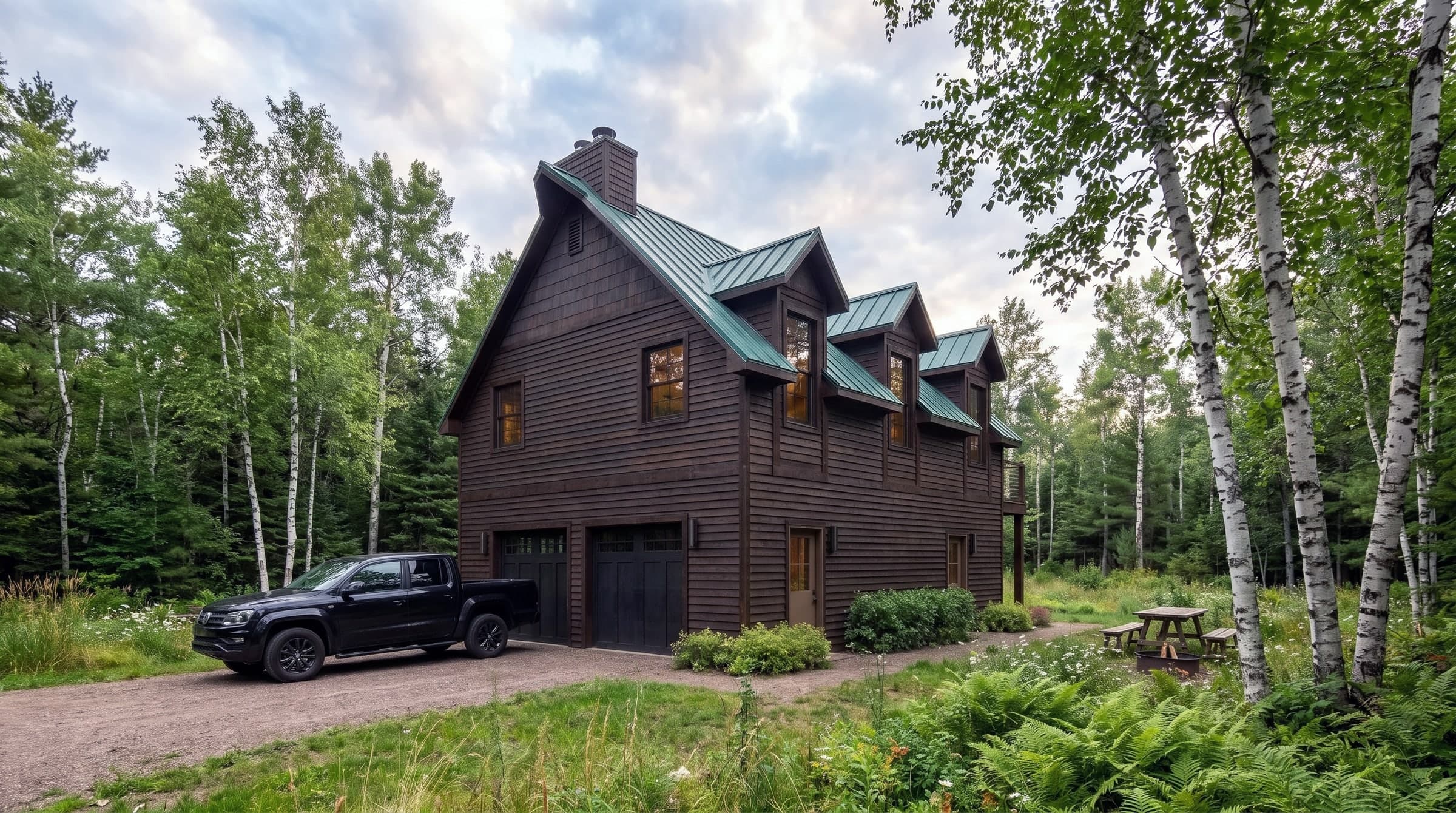 Approach to the Presque Isle barndominium, with two garage bays at grade, shed dormers above, and a gravel drive through the birches