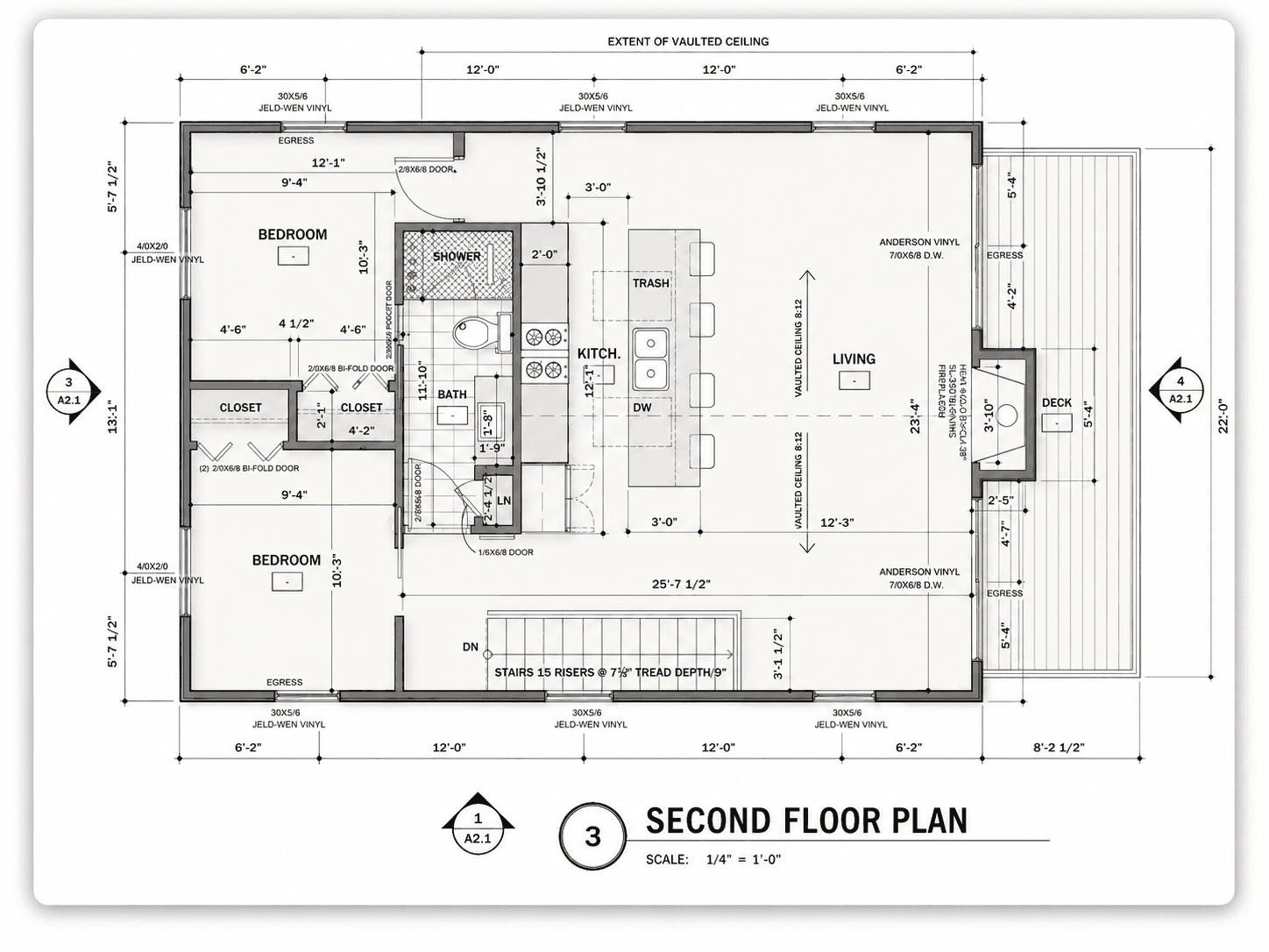 Second floor plan showing two bedrooms, a bath, and a vaulted kitchen and living space opening onto the deck
