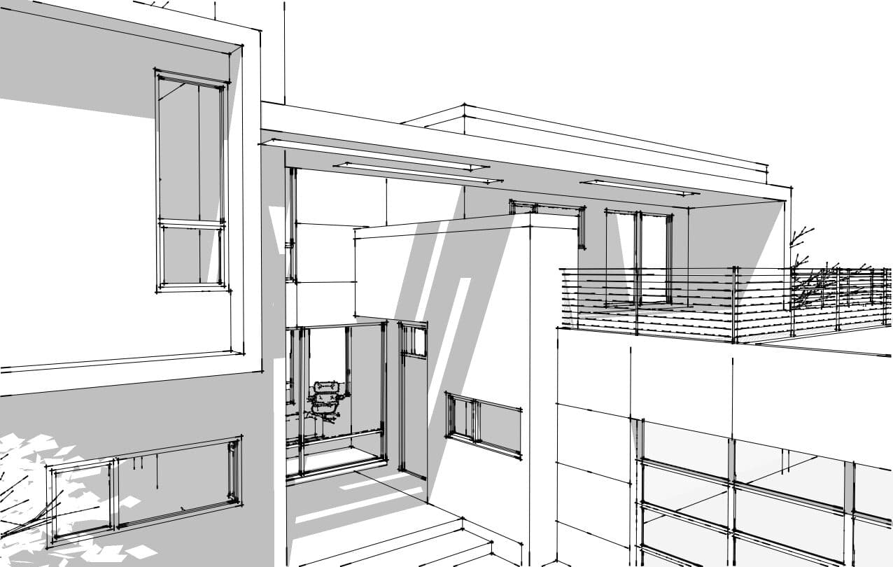 Architectural sketch showing balcony and material detail for Rochester residence