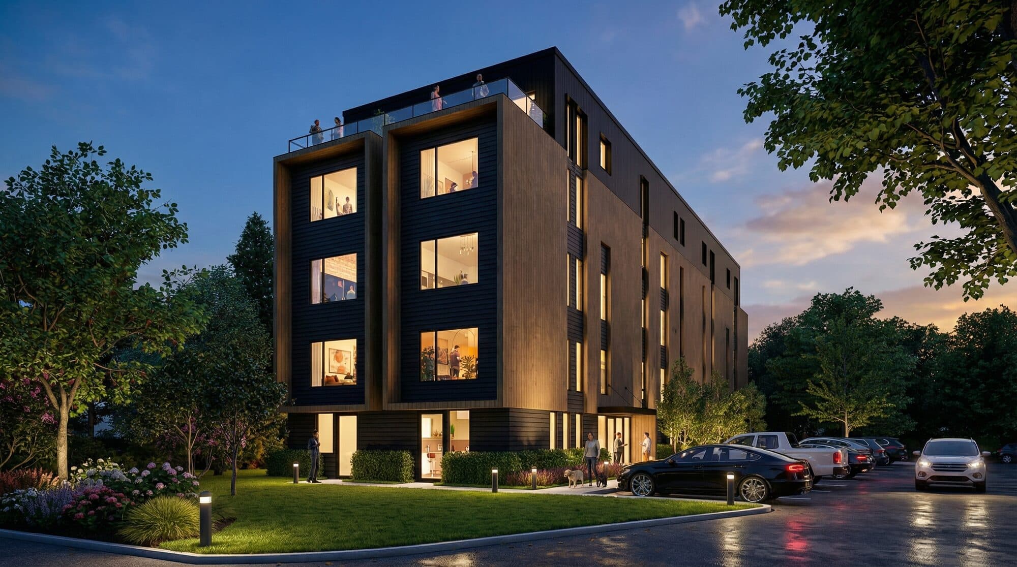 The Betty hospitality project rendering in Rochester Hills Michigan with warm materials and sharp architectural details