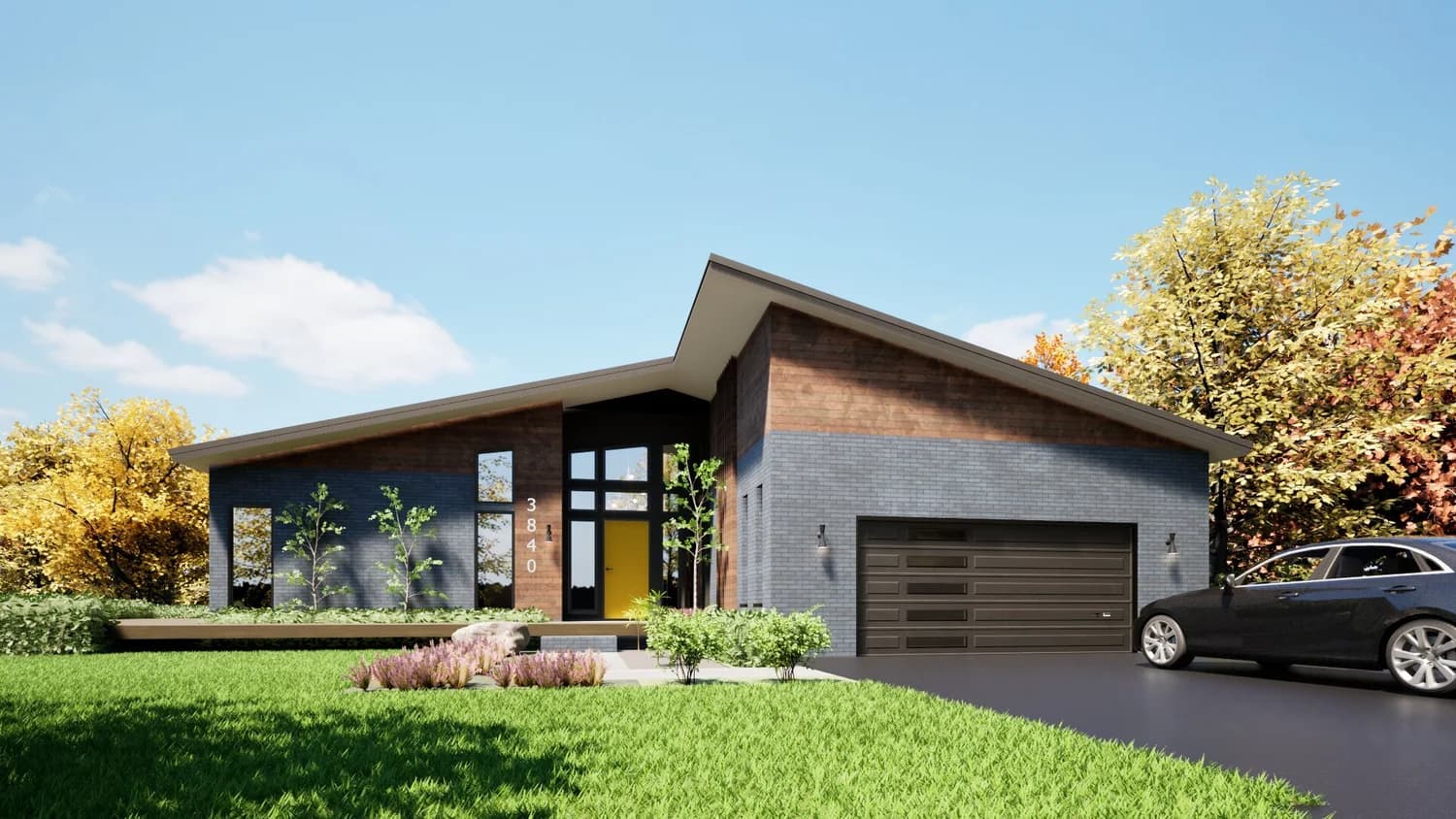 Side approach to Washington Township residence showing horizontal massing and landscape integration