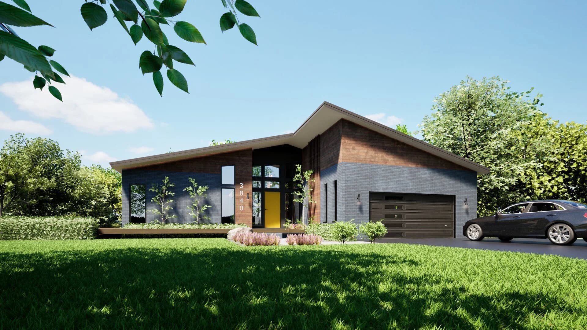 Single-story modern residence in Washington Township Michigan with low horizontal roofline and yellow front door