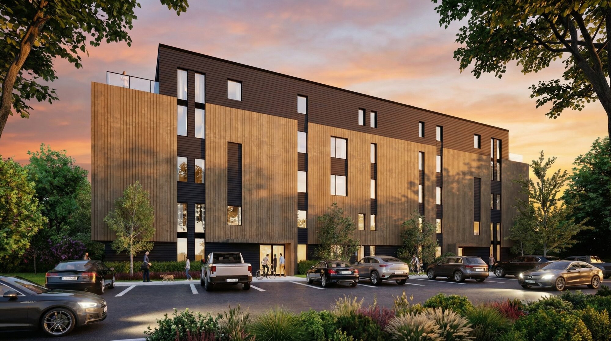 Exterior approach to The Betty with welcoming entry sequence and warm material palette